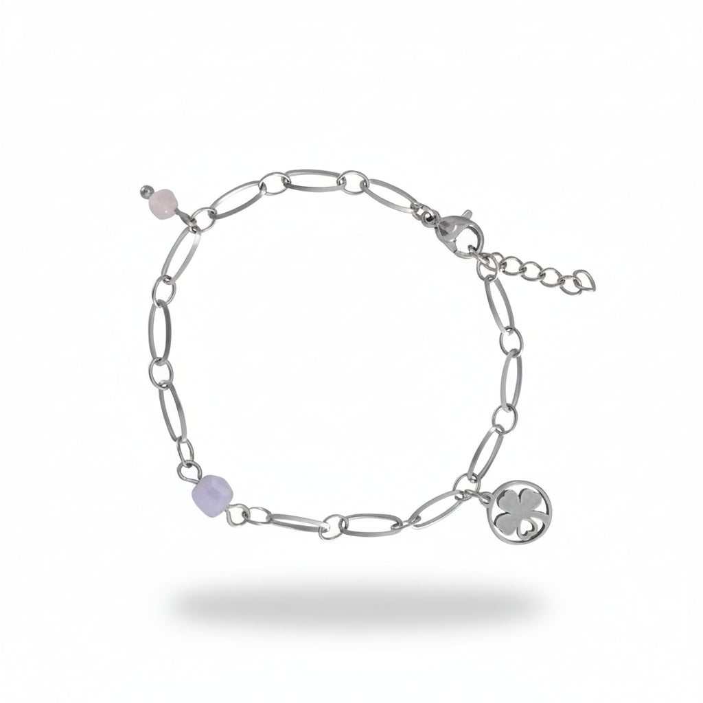 Chalcedoon Rozenkwarts armband met klavertje vier van roestvrij staal