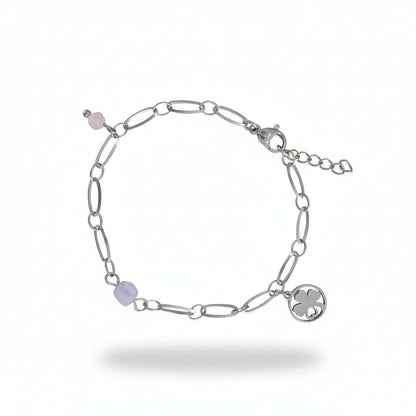 Chalcedoon Rozenkwarts armband met klavertje vier van roestvrij staal