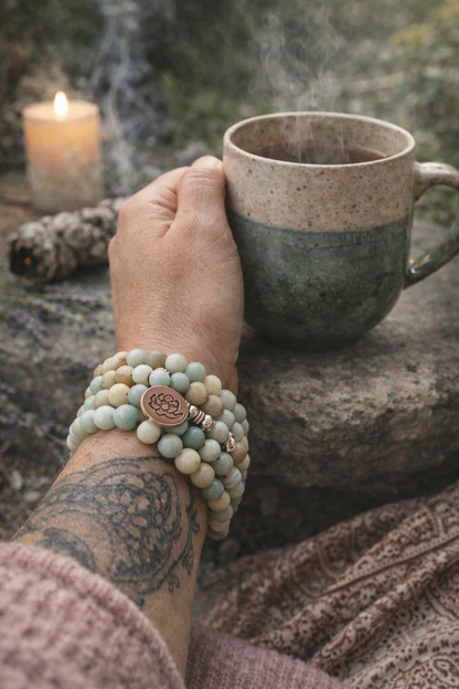 pols met amazoniet mala armband met lotus bedel bij rustgevende setting met mok en kaarsen