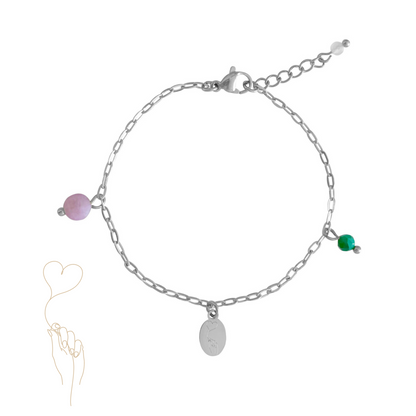 Zilveren armband met Chalcedoon, Malachiet en Rozenkwarts edelstenen voor steun en liefde