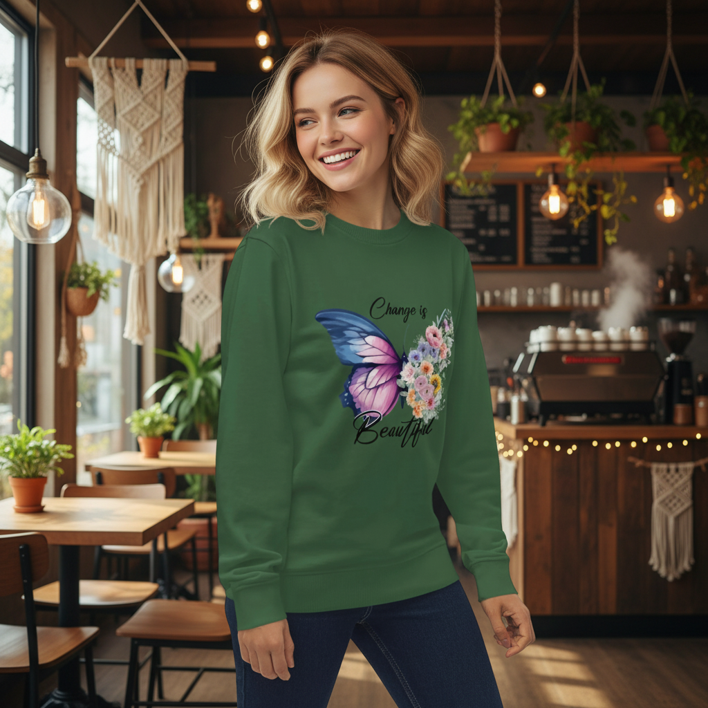 Woman wearing green Butterfly Floral Organic Sweatshirt with butterfly and floral design indoors
