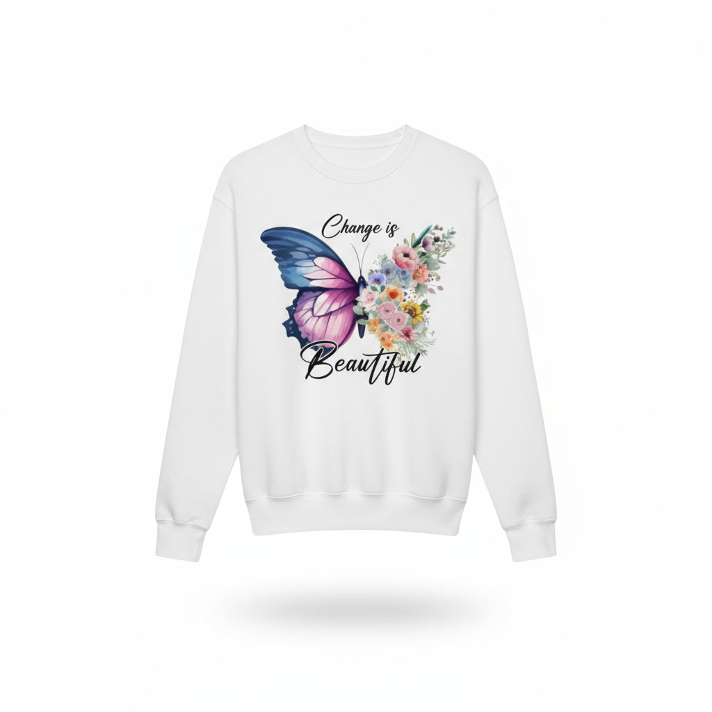White Butterfly Floral Organic Sweatshirt with colorful butterfly and floral print and "Change is Beautiful" text design