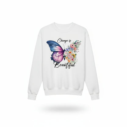 White Butterfly Floral Organic Sweatshirt with colorful butterfly and floral print and "Change is Beautiful" text design