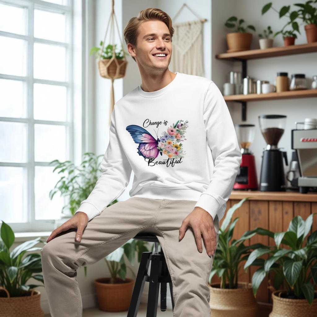 Man wearing white Butterfly Floral Organic Sweatshirt with butterfly and floral design indoors