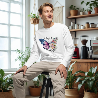 Man wearing white Butterfly Floral Organic Sweatshirt with butterfly and floral design indoors