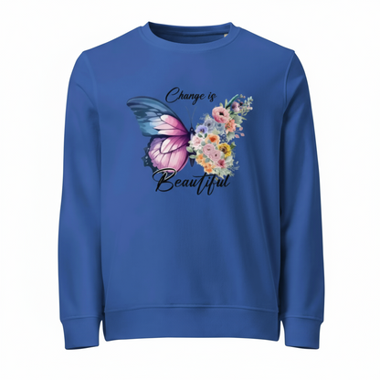 Blue Butterfly Floral Organic Sweatshirt with pink butterfly and flower design, eco-friendly and sustainable cotton blend pullover