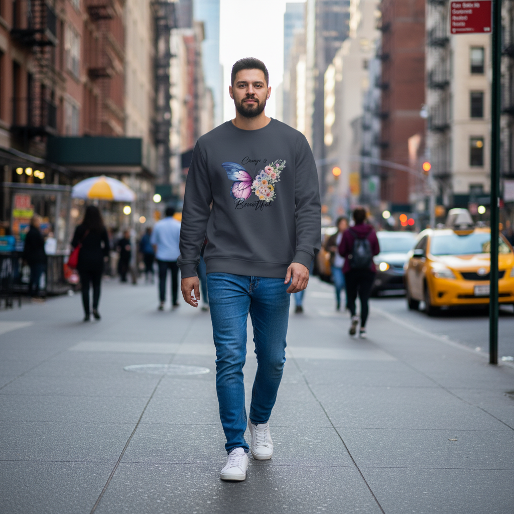 Man wearing Butterfly Floral Organic Sweatshirt with butterfly and flower design in autumn forest setting