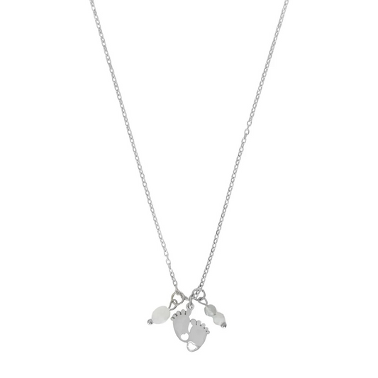 Glow Mystic in Style zilverkleurige stainless steel ketting Liefdevol Begin met babyvoetjes en edelsteentjes