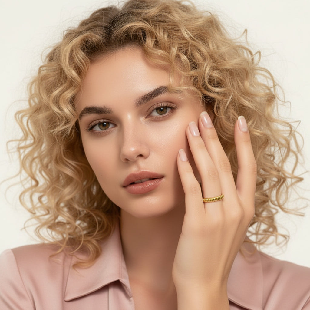 Close-up van een model met blond krullend haar die haar hand bij haar gezicht houdt waarbij een minimalistische gouden ring met een geribbeld of gedraaid patroon subtiel zichtbaar is aan haar vinger.
