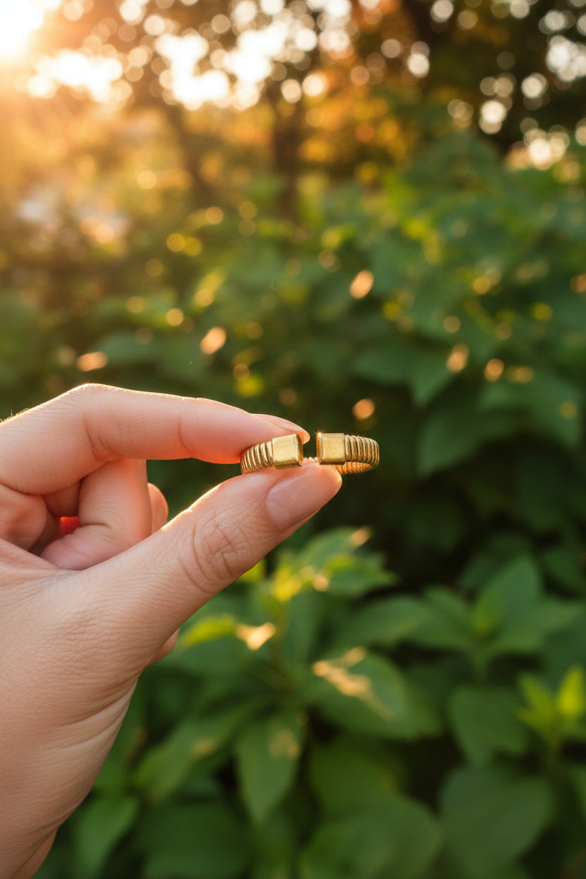Goudkleurige verstelbare RVS bangle ring subtiel vastgehouden tussen de vingers in de bosrijke natuur met sfeervolle zonnestralen.