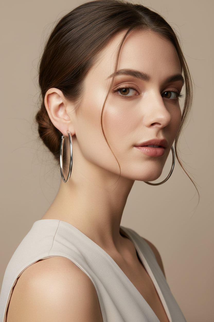 Glow Mystic in Style zilveren 60 mm hoop oorbellen gedragen door een model.