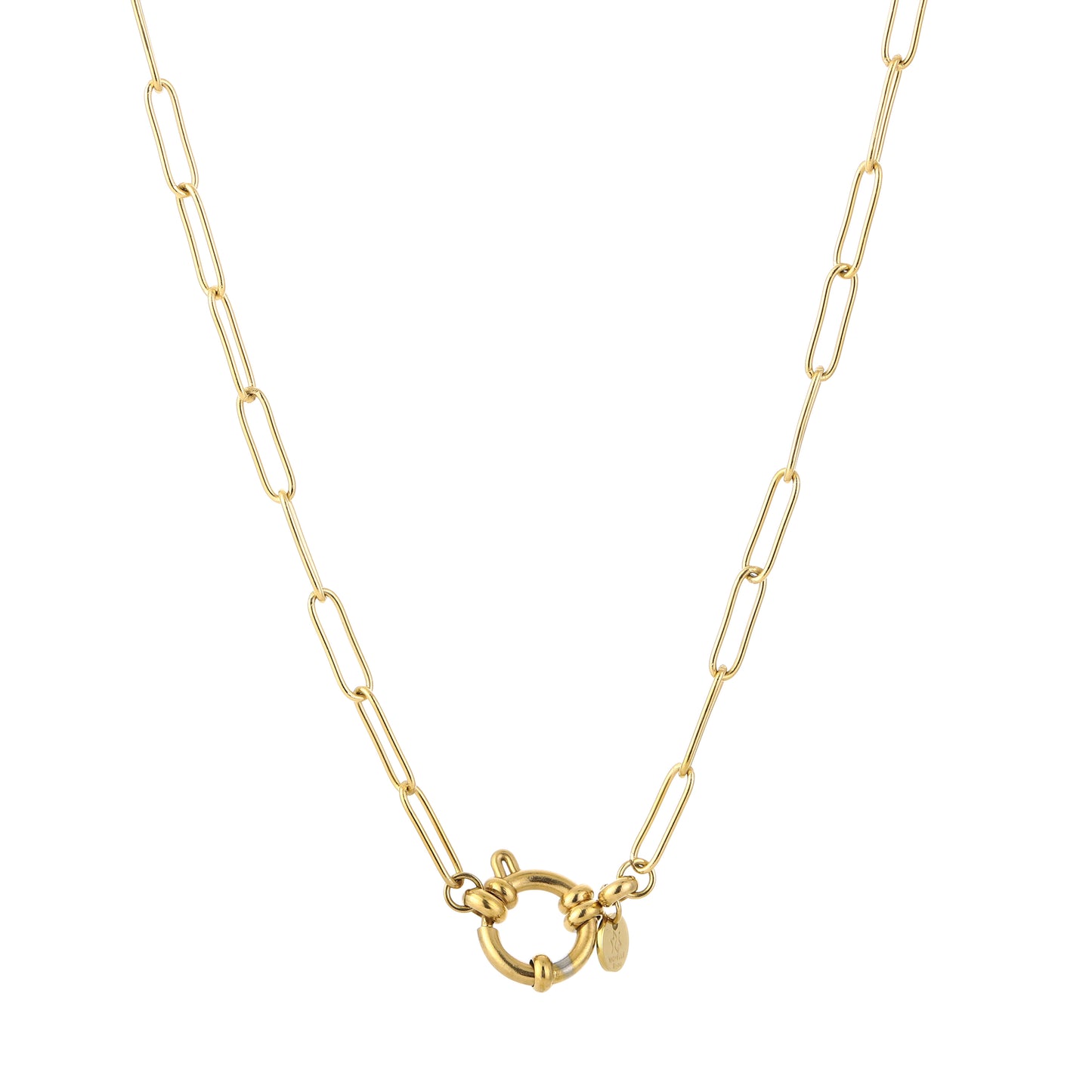 Close-up van de ronde goudkleurige sluiting en de gedetailleerde schakels van de Glow Mystic in Style RVS ketting