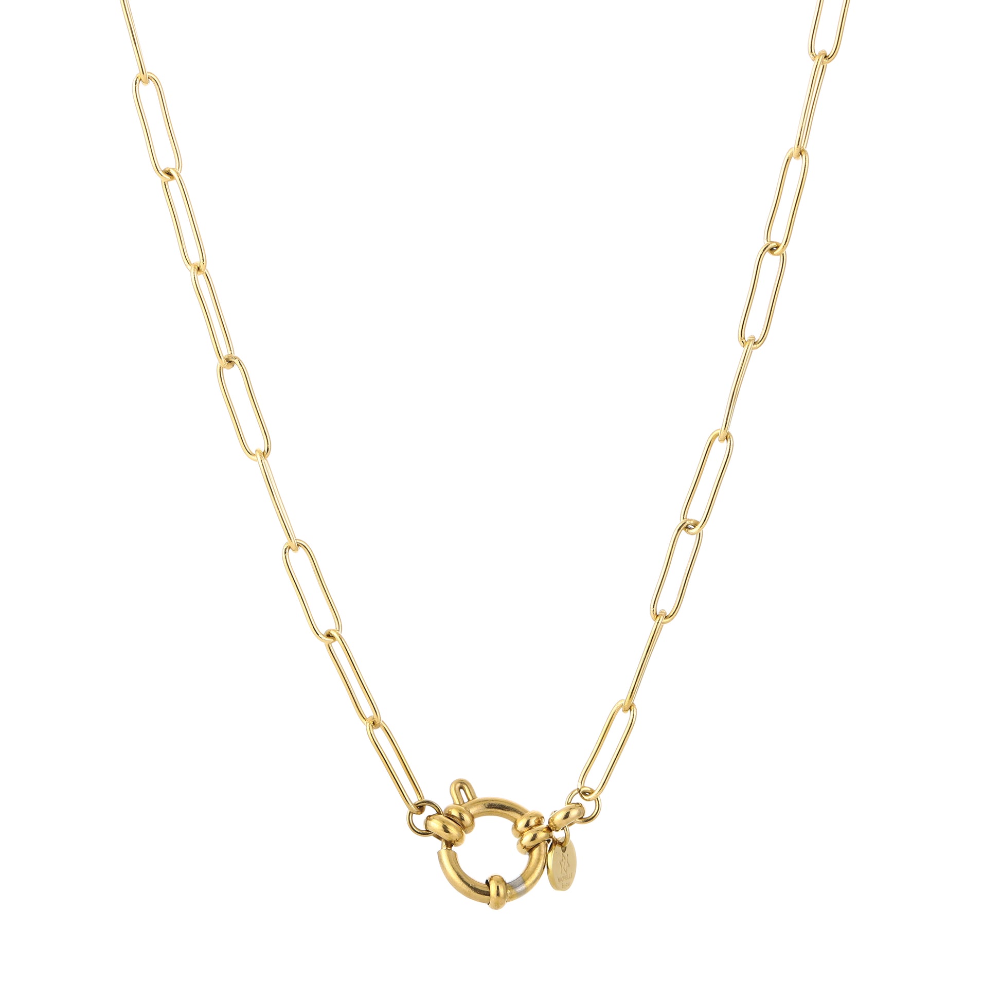 Close-up van de ronde goudkleurige sluiting en de gedetailleerde schakels van de Glow Mystic in Style RVS ketting