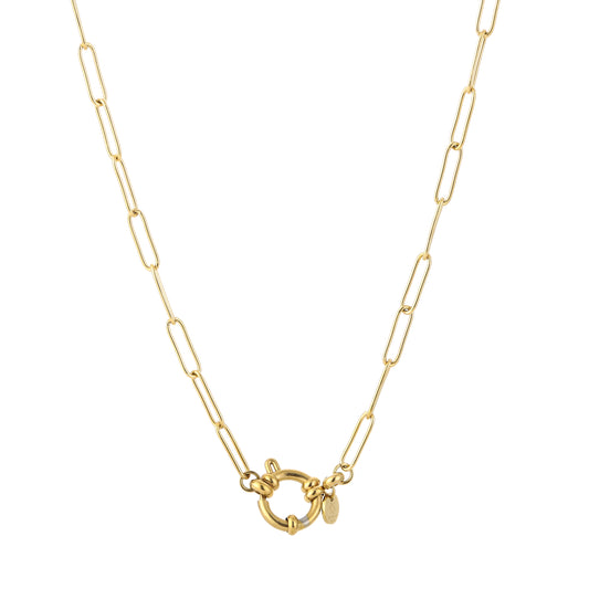 Close-up van de ronde goudkleurige sluiting en de gedetailleerde schakels van de Glow Mystic in Style RVS ketting