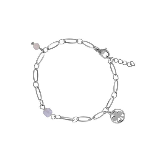 Chalcedoon Rozenkwarts armband met klavertje vier en hartje in RVS, betekenisvol en liefdevol design