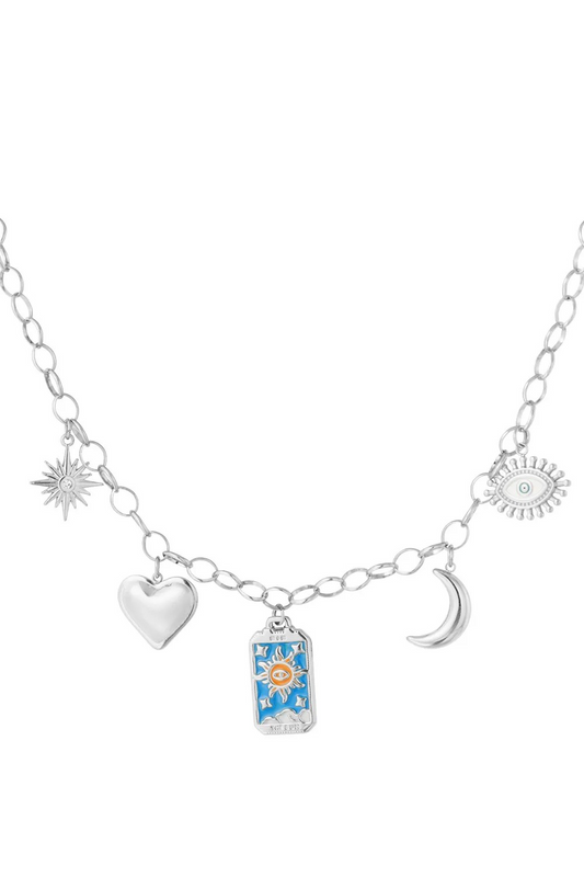 Spirituele zilveren bedelketting met tarotkaart, maan en boze oog.
