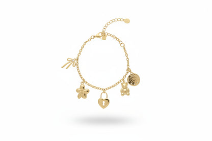 Gouden stainless steel bedelarmband met bloem en hartslot bedel