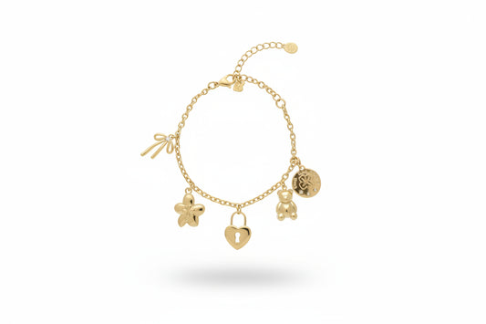 Gouden stainless steel bedelarmband met bloem en hartslot bedel