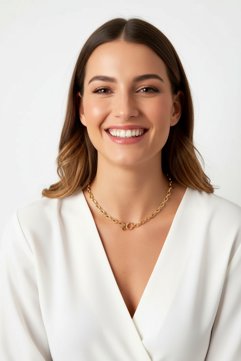 Vrouw draagt luxe gouden RVS schakelketting met minimalistisch design van Glow Mystic in Style.