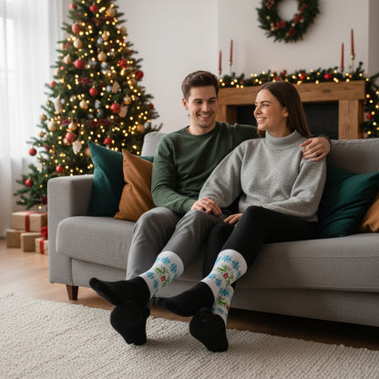 White socks with Christmas reindeer and snowflake pattern worn by two people