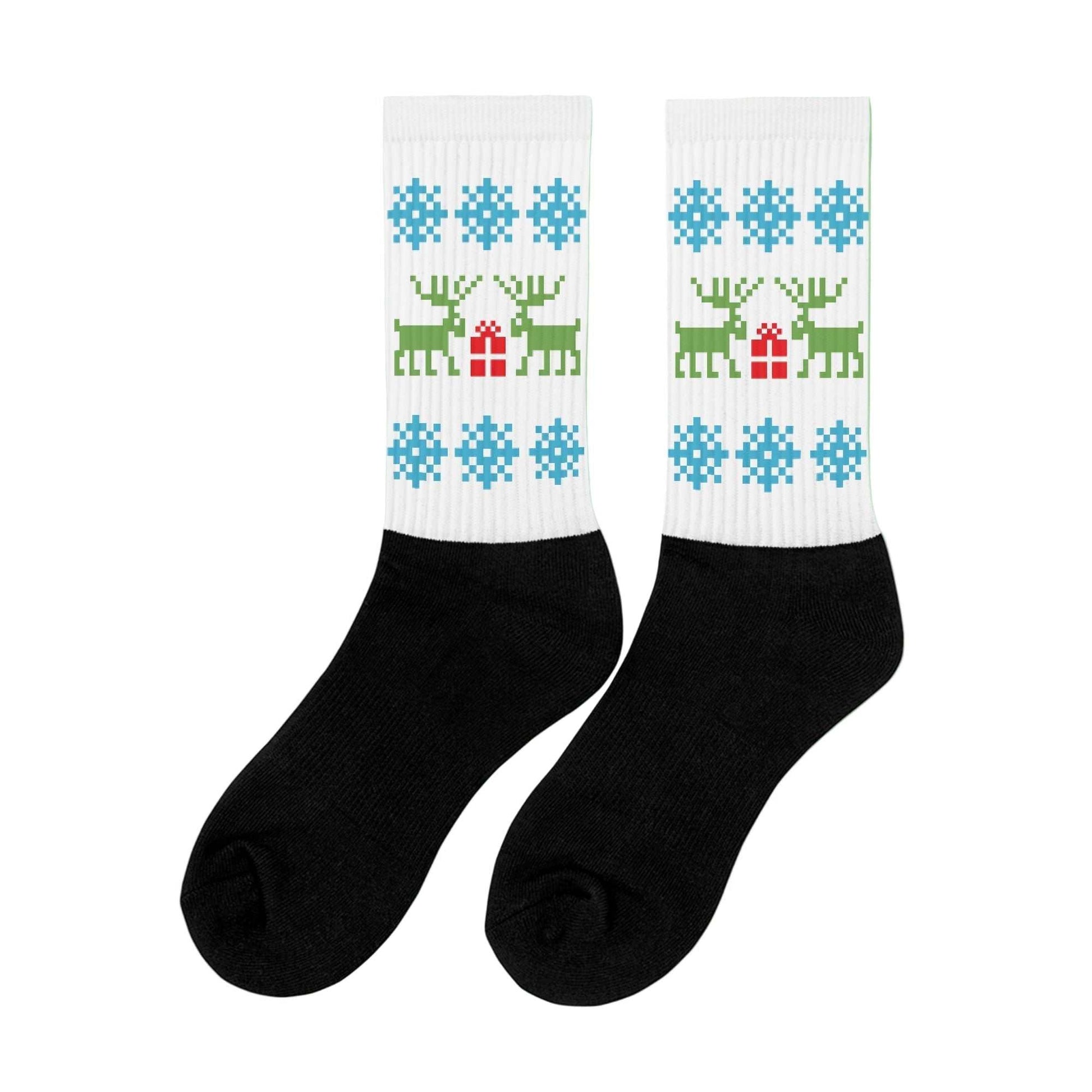 Black and white socks with Christmas reindeer and blue snowflake pattern, unisex holiday design