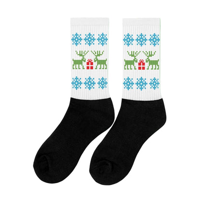 Black and white socks with Christmas reindeer and blue snowflake pattern, unisex holiday design