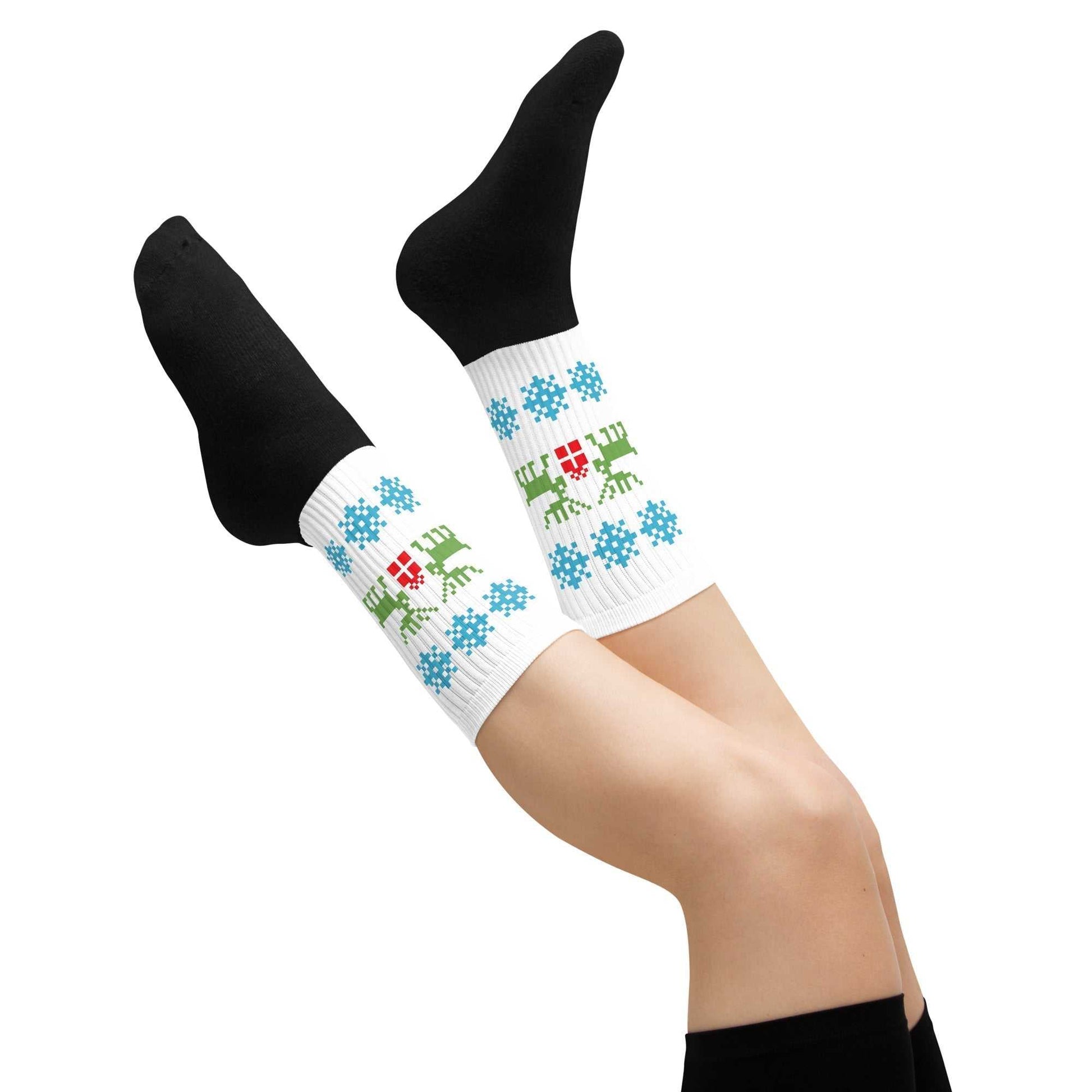 Gender-neutral socks with Christmas reindeer and snowflake pattern, cotton blend, ribbed crew length, festive winter wear
