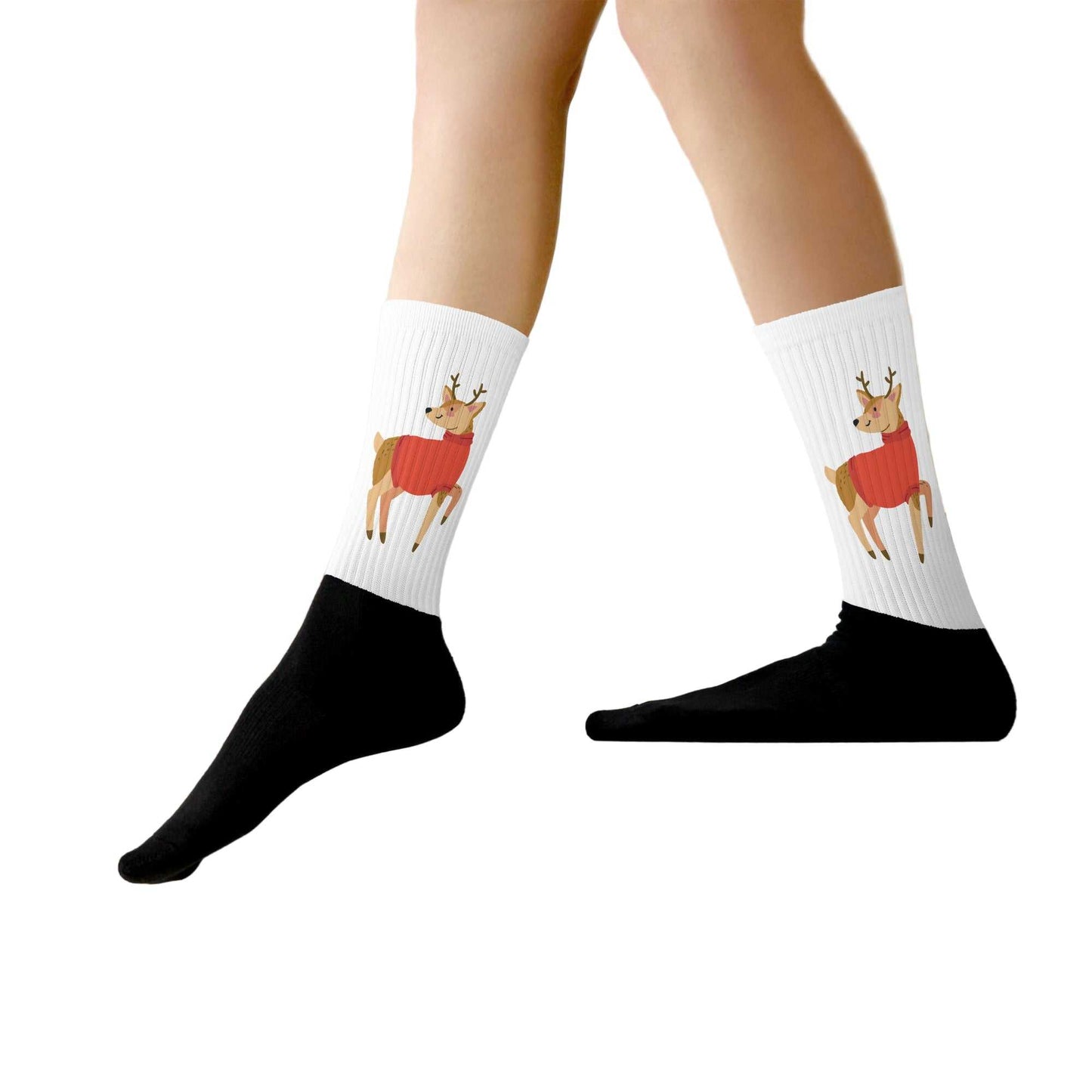 White crew socks with printed Christmas reindeer illustration and black foot section, ribbed cotton blend fabric