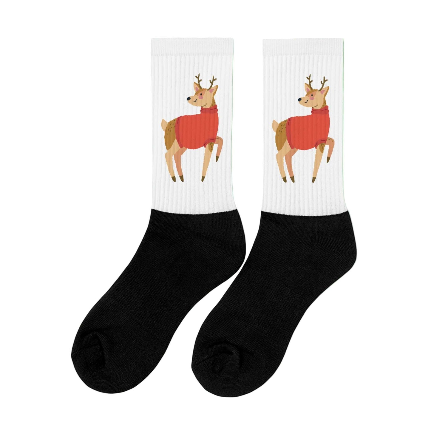 Pair of black and white crew socks with Christmas reindeer illustration and ribbed texture