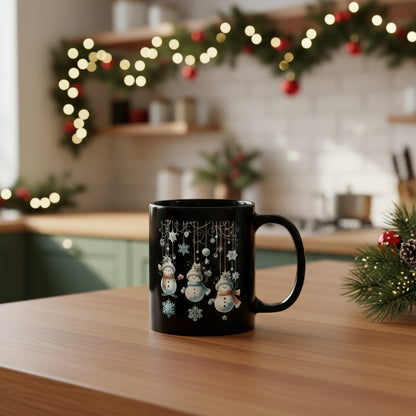 Black glossy 11oz ceramic mug with elegant snowman and snowflake Christmas design