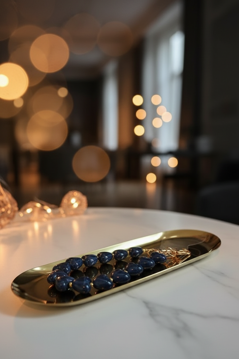 Glow Mystic in Style blauw hartjeskoord op goudkleurige schaal op een lifestyle achtergrond.