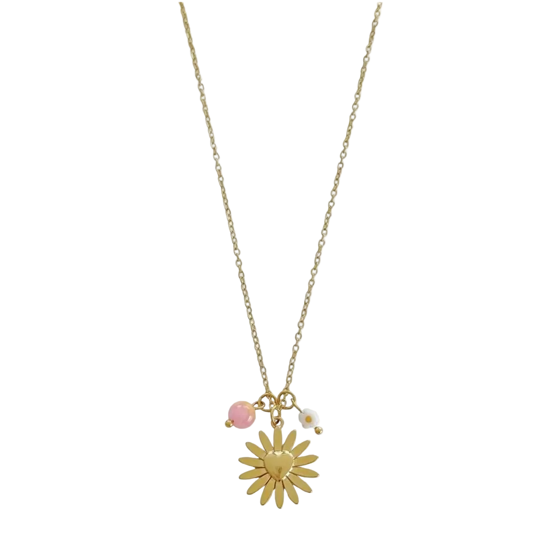 Gouden damesketting RVS met bloem hangers en rozenkwarts edelsteen op witte neutrale achtergrond