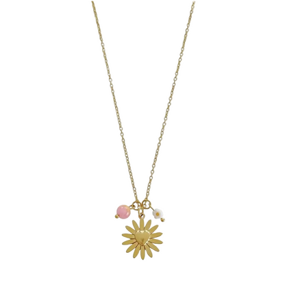 Gouden damesketting RVS met bloem hangers en rozenkwarts edelsteen op witte neutrale achtergrond