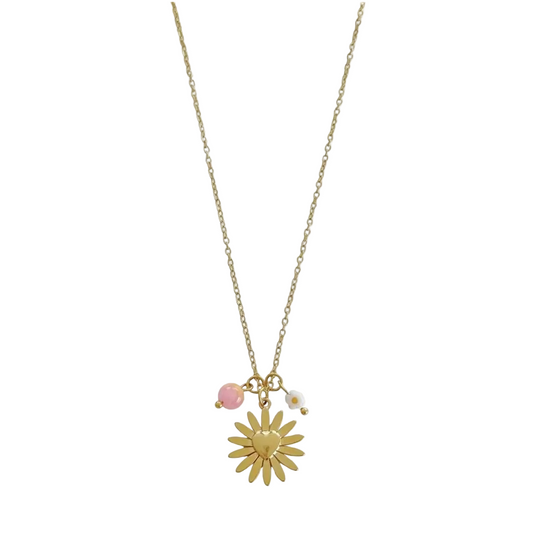 Gouden damesketting RVS met bloem hangers en rozenkwarts edelsteen op witte neutrale achtergrond