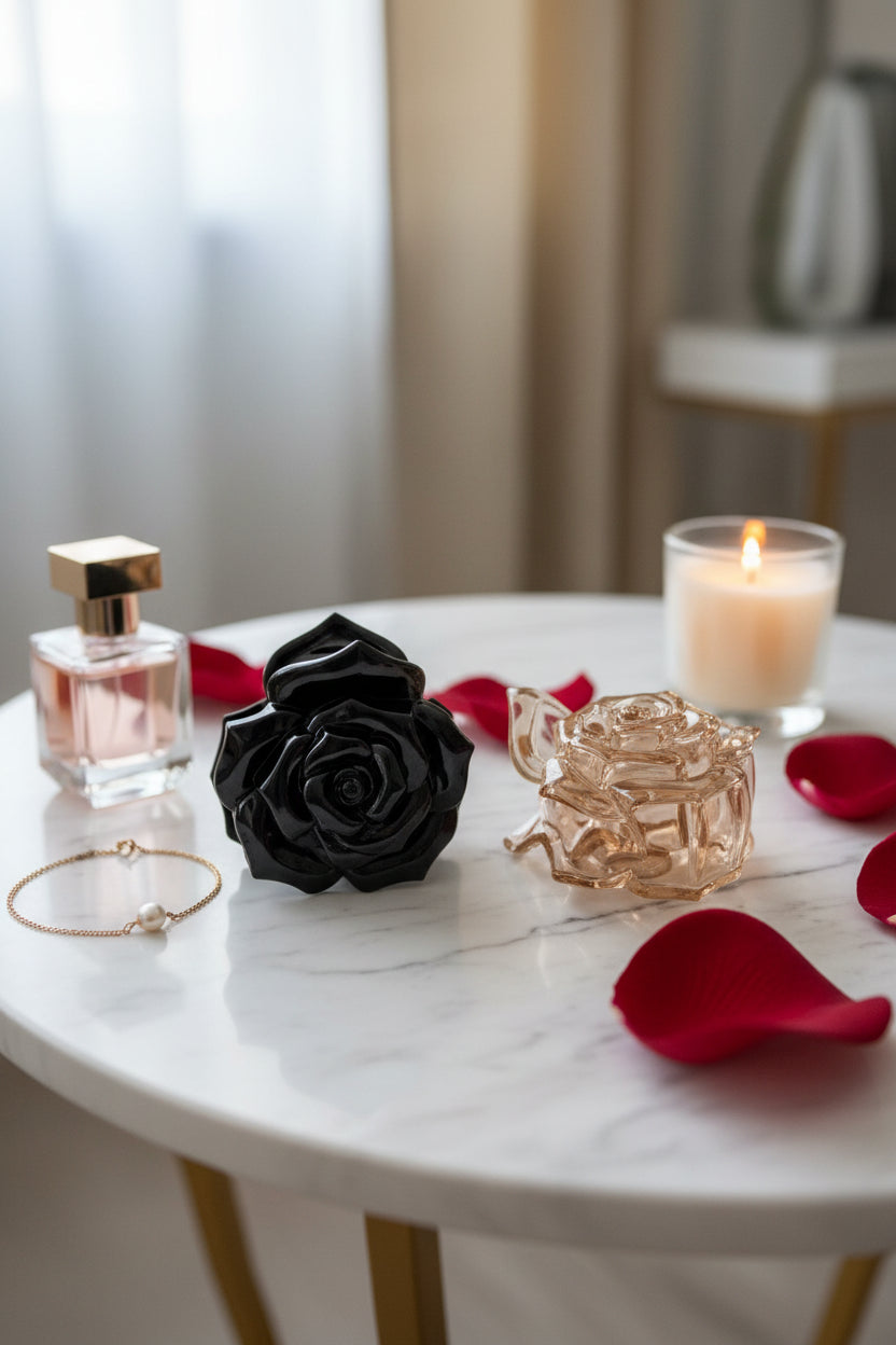 Zwarte haarklem gepresenteerd op een witte marmeren tafel met luxe lifestyle producten eromheen gepresenteerd.