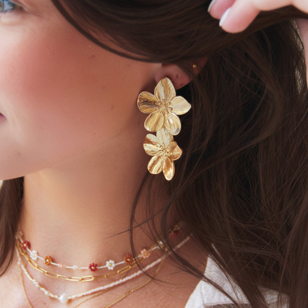 Goudkleurige oorbellen dubbele bloem van RVS voor dames, 5,5 cm statement design, elegant