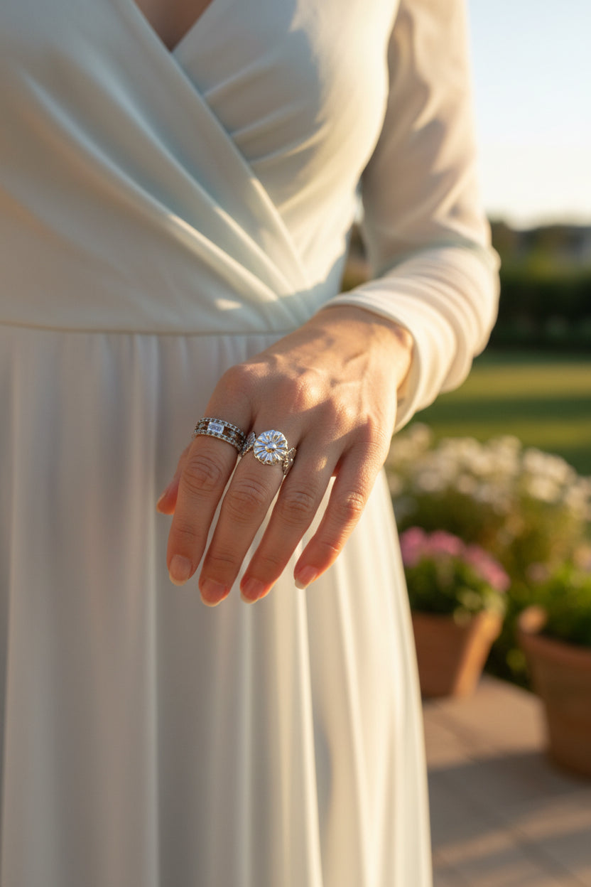 Minimalistische zilveren RVS bloemenring gedragen om de vinger van een vrouw met mooi verzorgde nagels op een elegante achtergrond.
