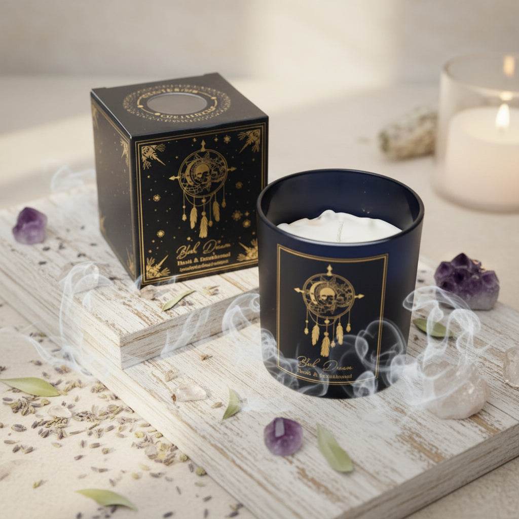 Manifestatiekaars Boho Dreams in zwart glas met mirre, sandelhout geur en bergkristal voor meditatie en ontspanning