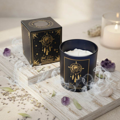 Manifestatiekaars Boho Dreams in zwart glas met mirre, sandelhout geur en bergkristal voor meditatie en ontspanning