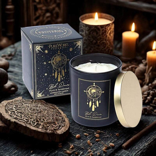 Manifestatiekaars Boho Dreams met mirre en sandelhout geur in luxe glazen pot voor meditatie en rituelen