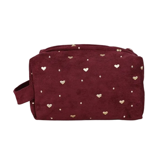 Glow Mystic in Style luxe bordeaux rode toilettas van fluweel met gouden hartjes en handvat