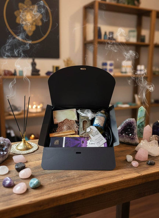 Wellness Box with relaxation ritual items including incense, healing crystals, and self-care products on wooden table