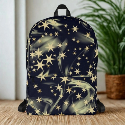 Shining Star Backpack Cosmic School Bag with golden starry design on black, padded straps, and multiple compartments for school and travel.