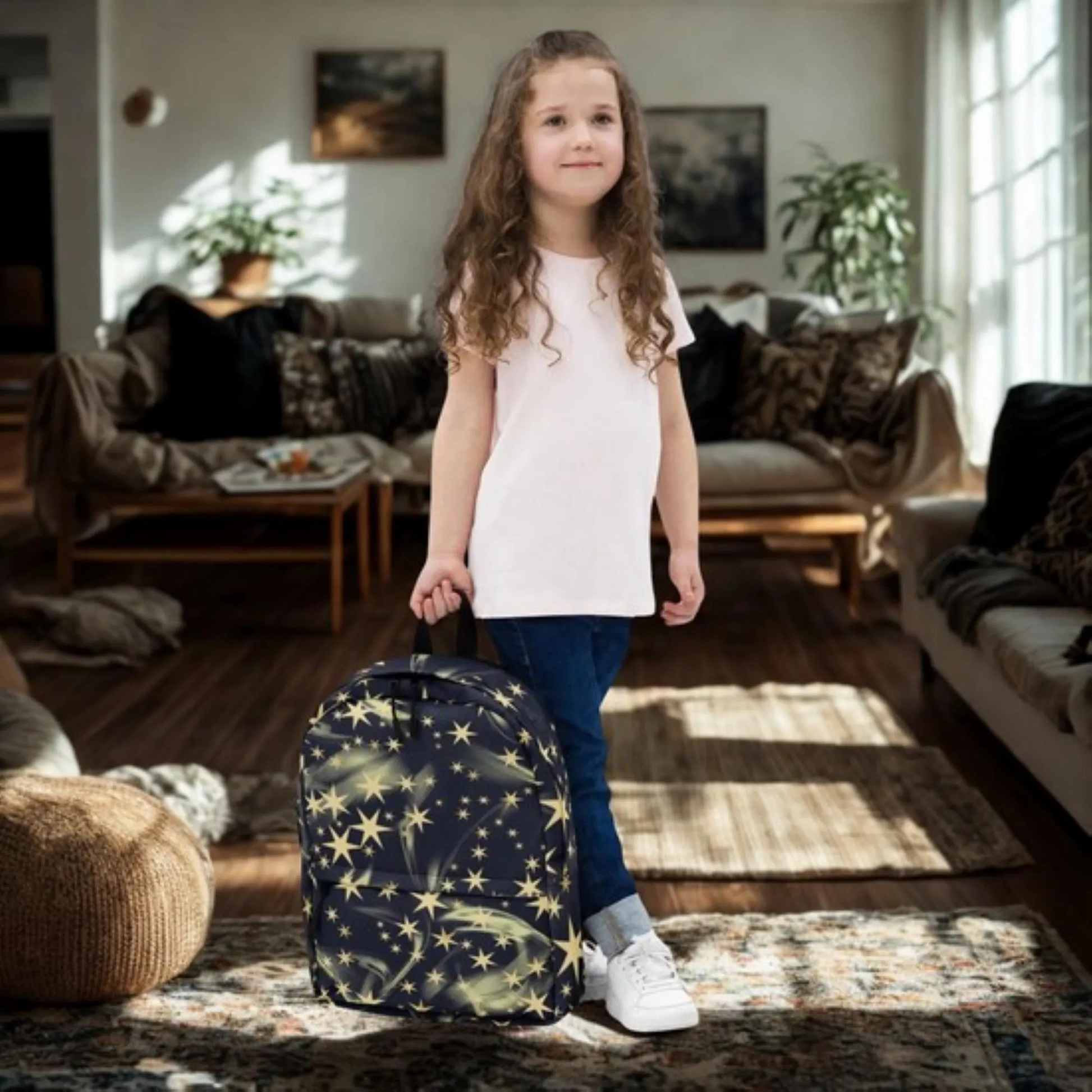 Child holding Shining Star Backpack Cosmic School Bag with starry design in living room