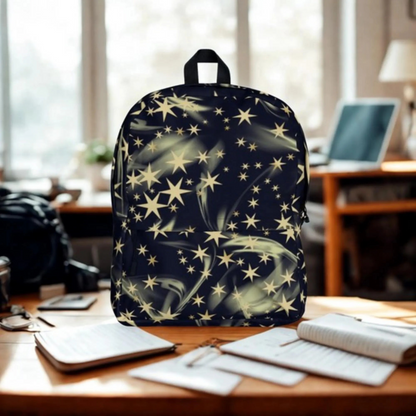 Shining Star Backpack Cosmic School Bag with starry cosmic design, water-resistant, padded straps, and multiple compartments for school and travel use.