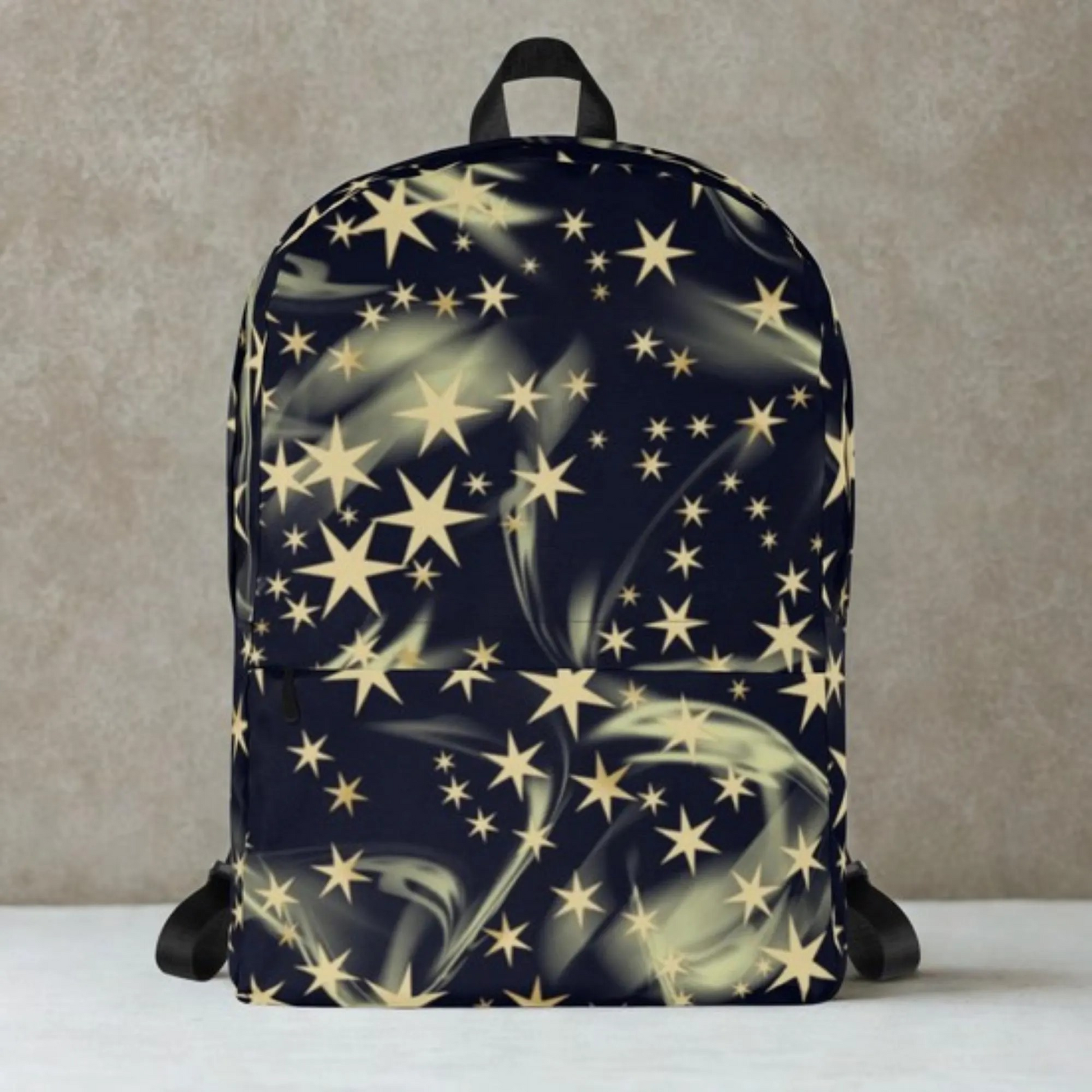 Shining Star Backpack Cosmic School Bag with celestial star pattern, black background, durable and water-resistant design, padded straps, and multiple compartments for school and travel.