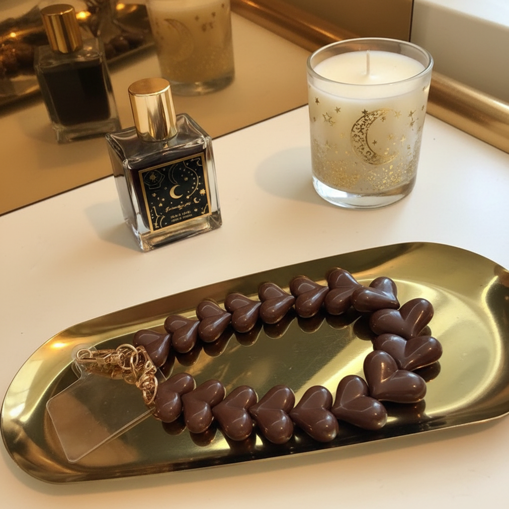 Bruin hartjes telefoonkoord van Glow Mystic in Style op een goudkleurige schaal met 2 lifestyle producten eromheen