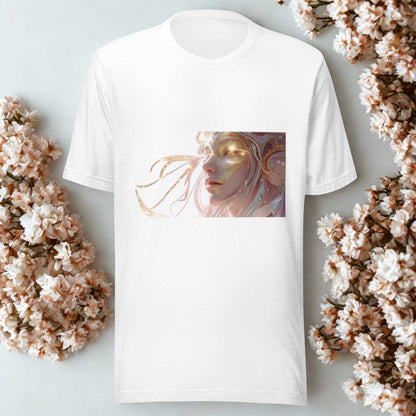 white Celestial Glow Goddess T-Shirt with mystical celestial artwork on front, soft breathable cotton, unisex fit, styled with floral background