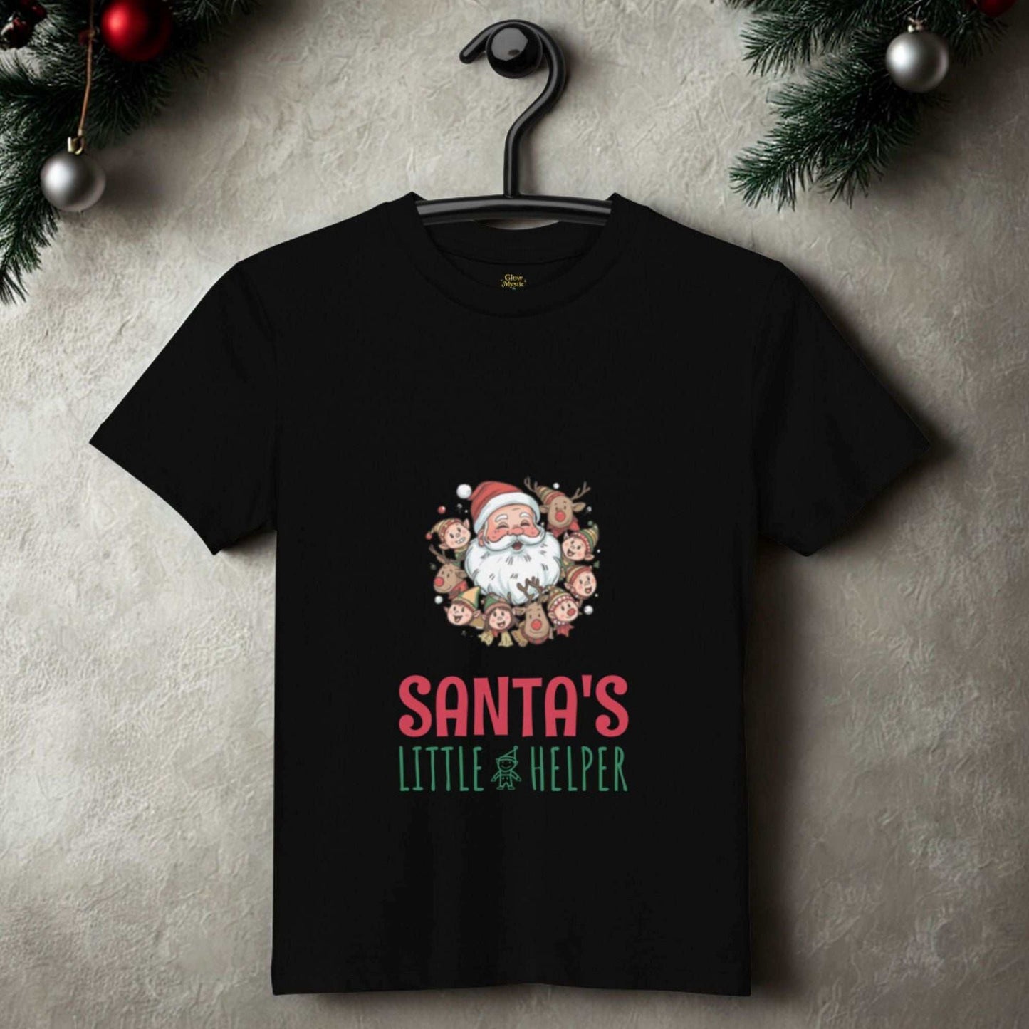 Santa's Little Helper Christmas T-Shirt with festive Santa and elf design on black cotton tee