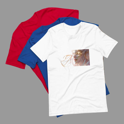 Celestial Glow Goddess T-Shirt with cosmic artwork in white, blue, and red colors, made from breathable cotton.